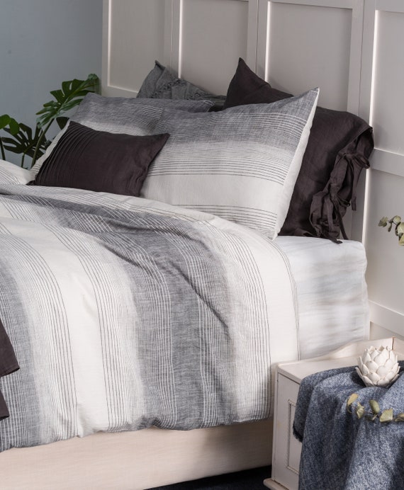 Slub Cotton Duvet Cover Set Queen King Ombre Stripe Yarn Etsy