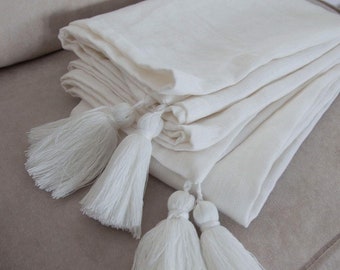 LINEN THROW Blanket - Double Layer - Tassel Throw - 48x60" Bed Cover， Beige