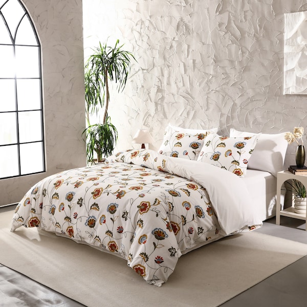 CREWEL EMBROIDERED Cotton Duvet Cover Set 3Pcs, Multi Color Embroidery Floral Duvet Set