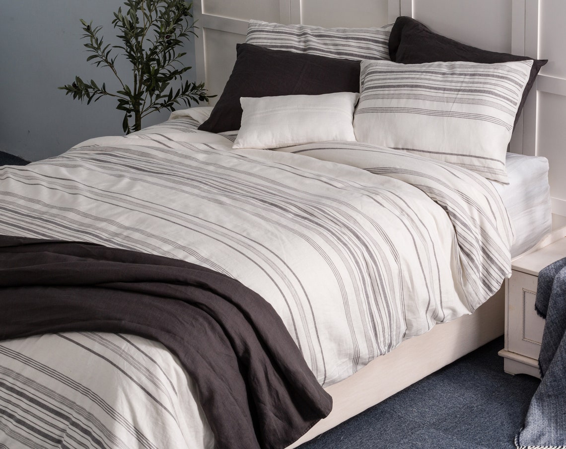 LINEN BLEND DUVET Cover Set 3pcs Striped Linen Blend Bedding Etsy