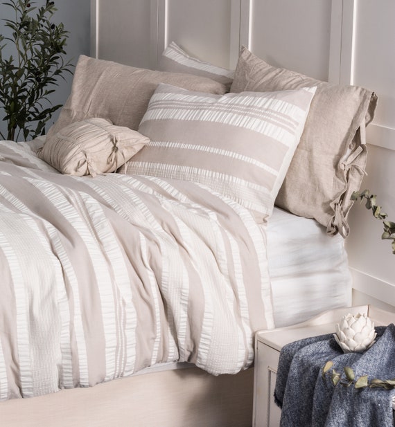 Cotton Textured Stripe Duvet Cover Set Queen King Woven Yarn Etsy
