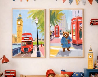 London Nursery Wall Art - Digital Prints | Red Bus, Big Ben & British Bear | Instant Download