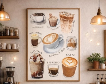 Coffee Watercolor Art Print, Cafe Drinks Poster, Kitchen Wall Decor