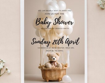 Baby Shower Invite - Bear Themed - Editable Baby Shower Invitation – Teddy Bear Hot Air Balloon Theme - Instant Download - Easy to edit
