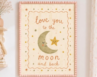Love You To The Moon And Back Digital Download | Vintage Nursery Print | Moon & Star Wall Art | Neutral Pink Girls Bedroom Décor