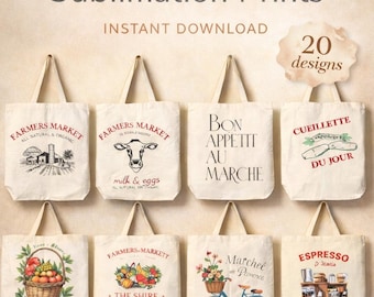 Sublimation Tote Bag Designs – Farmers Market, Retro Coffee (PDF file)