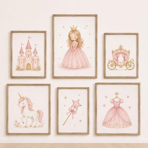 May include: A set of six framed wall art prints featuring watercolour illustrations in shades of pink and gold. The images depict a castle, a princess, a carriage, a unicorn, a star-shaped wand, and a ball gown, all accented with small gold stars.
