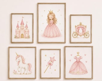 Princess Nursery Prints Bundle | Pink Princess Wall Art Set | Castle, Unicorn & Princess Bedroom Decor | Printable PDF Download