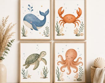 Sea Life Nursery Print Set of 4 | Whale Turtle Crab Octopus Wall Art | Neutral Ocean Nursery Decor | Coastal Baby Room Digital Download PDF