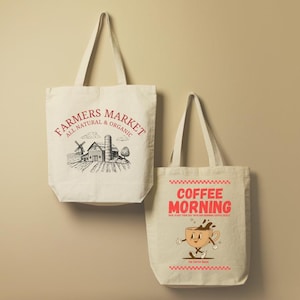 Farmers Market tote bag design featuring hand-drawn illustrations of fresh produce and a rustic barn. Retro Coffee Shop tote bag design with vintage coffee cups and beans in warm tones.