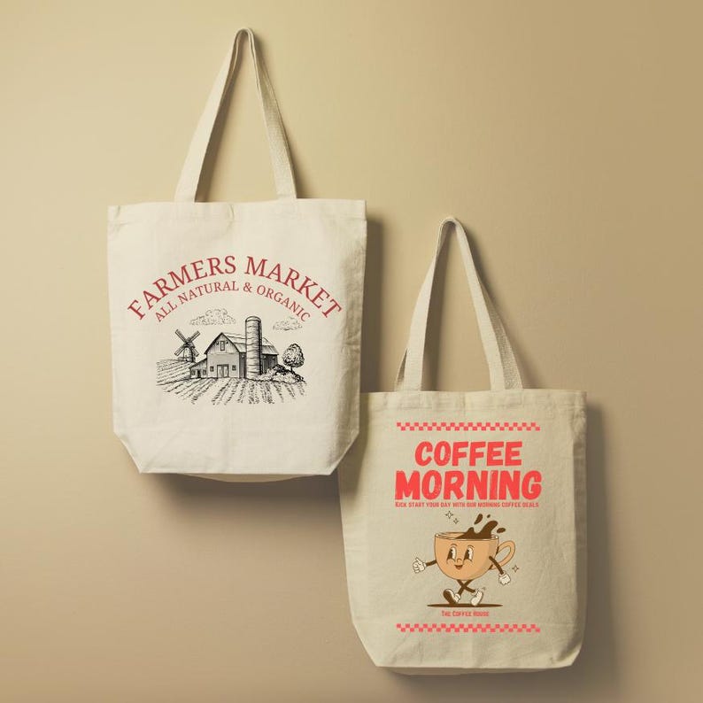 Farmers Market tote bag design featuring hand-drawn illustrations of fresh produce and a rustic barn. Retro Coffee Shop tote bag design with vintage coffee cups and beans in warm tones.