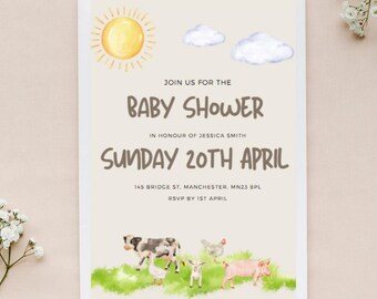 Farmyard Animal Baby Shower Invitation – Editable Canva Template - Cute watercolour animal themed, cows, sheeps, pigs, ducks
