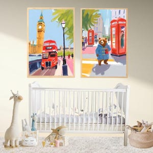 London Nursery Wall Art - Digital Prints | Red Bus, Big Ben & British Bear | Instant Download