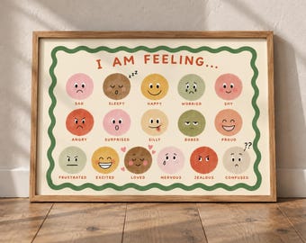 May include: A framed wall art print titled I AM FEELING... featuring fifteen circular icons with various facial expressions and corresponding labels including sad, sleepy, happy, worried, shy, angry, surprised, silly, bored, proud, frustrated, excited, loved, nervous, jealous, and confused.