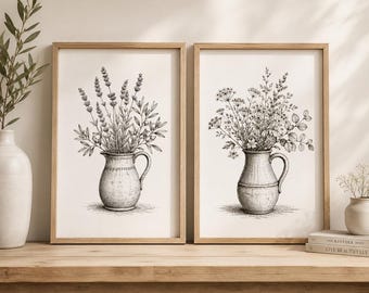 Vintage Botanical Wildflower Vase Prints Set of 2 | Cottage Wall Art | Rustic Floral Printable | French Country | Digital Download PDF