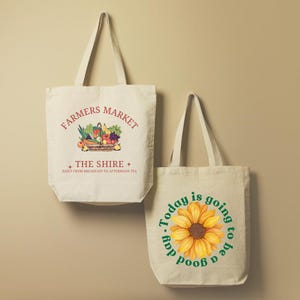 Farmers Market tote bag design featuring hand-drawn illustrations of fresh produce. Sunflower