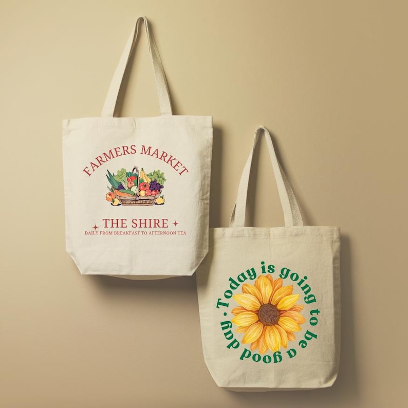 Farmers Market tote bag design featuring hand-drawn illustrations of fresh produce. Sunflower