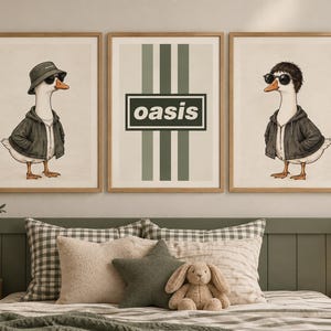 May include: A set of three framed wall art prints. The left and right prints feature a white duck wearing a dark hoodie and sunglasses, with the left duck wearing a bucket hat. The centre print displays the word oasis in a rectangular box.