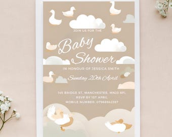 Duck-Themed Baby Shower Invitation – Editable Canva Template - Cute duck themed. Neutral, minimalistic, clouds