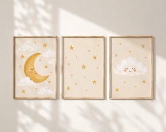 Neutral Moon Nursery Wall Art Set of 3 | Celestial Baby Room Decor | Moon Star Cloud Prints | Printable Nursery Decor | Digital Download