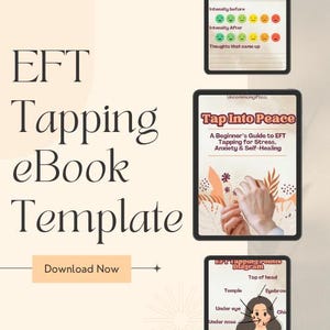 Könnte beinhalten: EFT Tapping eBook Vorlage mit dem Text "Download Now". Das Bild enthält drei digitale Tablets. Ein Tablet zeigt einen Leitfaden mit dem Titel "Tap Into Peace". Ein weiteres zeigt eine Intensitätsskala. Das dritte Tablet zeigt ein EFT-Tapping-Punkte-Diagramm.