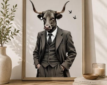 Bull in a Suit Wall Art - Animal Portrait Print - Quirky Cow Decor - Digital Download JPG PNG PDF - Modern Funny Office Art