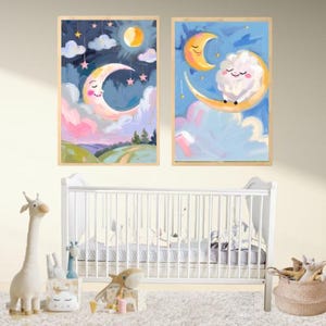 Dreamy Moon & Stars Nursery Wall Art - Adorable Digital Prints | Celestial Night Sky Set | Instant Download