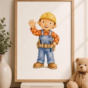 Peut inclure: Une illustration encadrée à l'aquarelle représentant un ouvrier de chantier en dessin animé portant un casque jaune, une chemise à carreaux rouge et orange, une salopette en jean bleu et des bottes de travail marron avec une ceinture à outils.