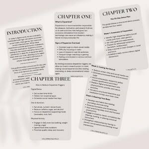 30-Day Dopamine Detox Guide: A structured plan to reset your brain and regain focus. Includes weekly breakdowns, strategies to reduce screen time, junk food, and digital distractions, along with mindfulness techniques, diet tips, and exercise recommendations. Available as a digital download in PDF format, suitable for printing or use on any device.