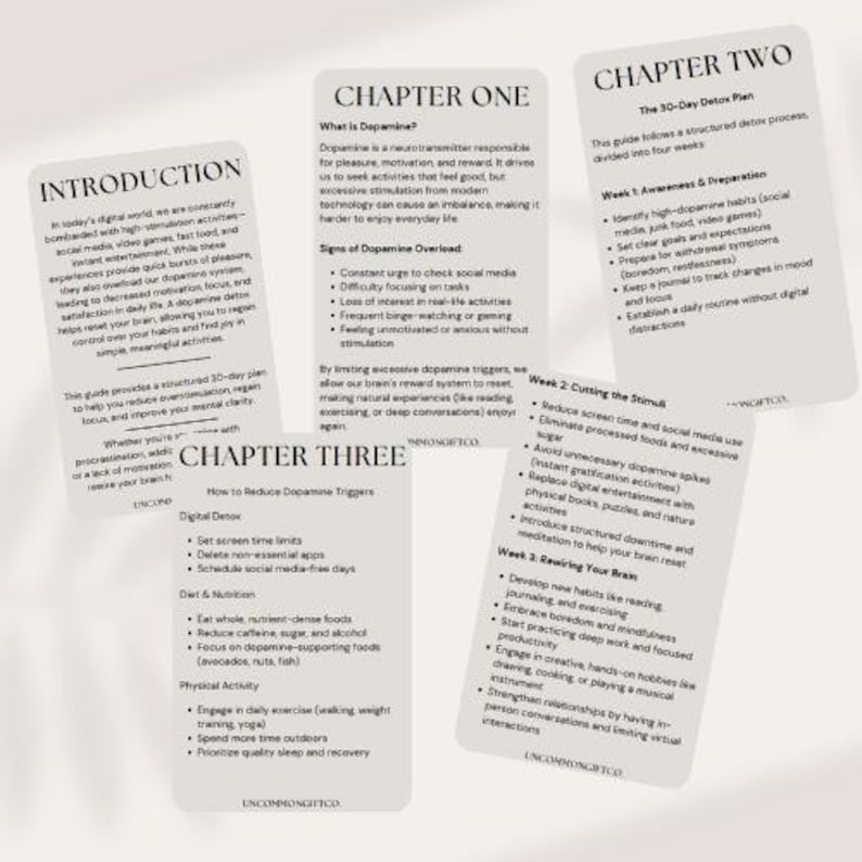 30-Day Dopamine Detox Guide: A structured plan to reset your brain and regain focus. Includes weekly breakdowns, strategies to reduce screen time, junk food, and digital distractions, along with mindfulness techniques, diet tips, and exercise recommendations. Available as a digital download in PDF format, suitable for printing or use on any device.
