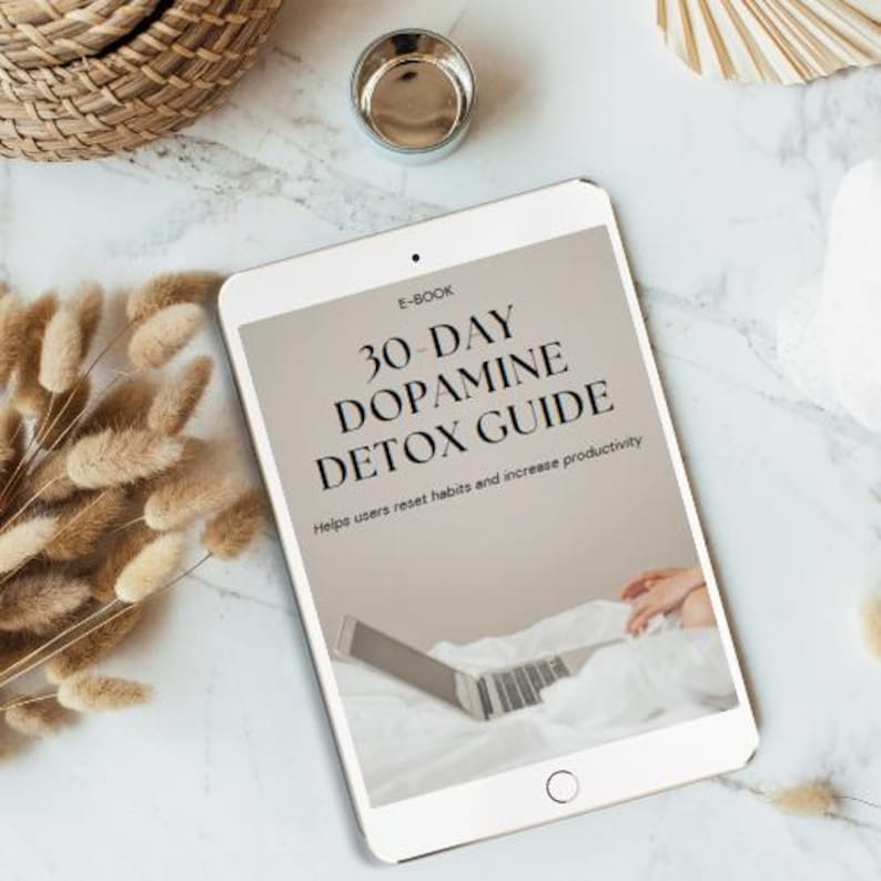 30-Day Dopamine Detox Guide: A structured plan to reset your brain and regain focus. Includes weekly breakdowns, strategies to reduce screen time, junk food, and digital distractions, along with mindfulness techniques, diet tips, and exercise recommendations. Available as a digital download in PDF format, suitable for printing or use on any device.
