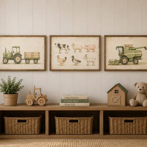 May include: Three rectangular framed wall art prints featuring watercolor illustrations of a green tractor with a trailer, a collection of farm animals including a cow, sheep, pig, chicken, duck, and goat, and a green combine harvester machine.