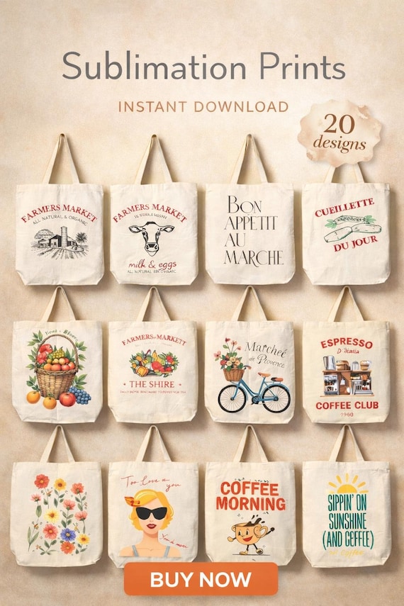 Sublimation Tote Bag Designs – Farmers Market, Retro Coffee (PDF file)