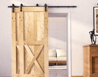 5-in-1 84in Double Frame Barn Door with Single Track Bypass Straight Design Installation Hardware Kit (Black Rustic)