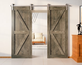 Finished & Unassembled 84in Double Frame Barn Door with Brushed Nickel Installation Hardware Kit (Arrow Design)