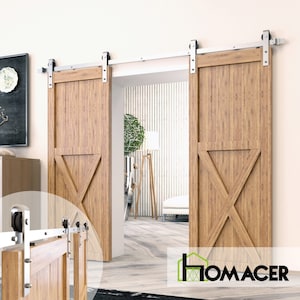 Homacer Brushed Nickel Non-Bypass Sliding Barn Door Hardware Kit, for Two/Double Doors - Classic Design Roller