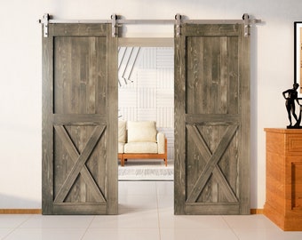 Finished & Unassembled 84in Double Frame Barn Door with Brushed Nickel Installation Hardware Kit (Single X Design)