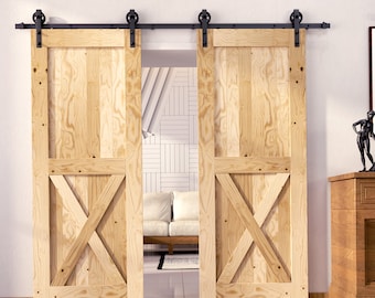 5-in-1 84in Double Frame Barn Door with Non-Bypass Spoke Wheel Design Installation Hardware Kit