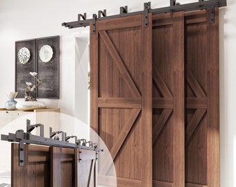 Black Rustic Triple Track Bypass Sliding Barn Door Hardware Kit - Straight Design (for Door Thickness 1-3/8in ~ 1-3/4in)