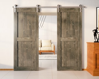 Finished & Unassembled 84in Double Frame Barn Door with Brushed Nickel Installation Hardware Kit (Classic Design)