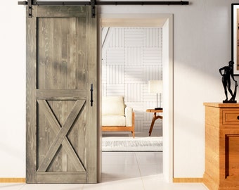 Finished & Unassembled 96in Single Frame Barn Door with Black Rustic Installation Hardware Kit (X Design)