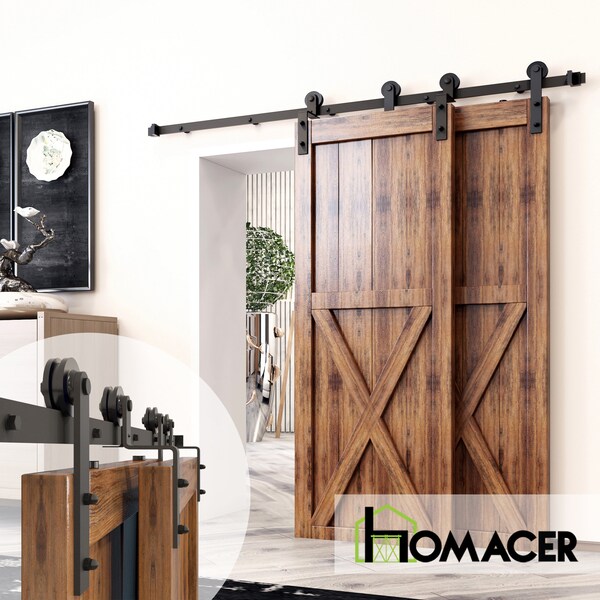 Homacer Black Rustic Single Track Bypass Sliding Barn Door Hardware Kit - Straight Design Roller