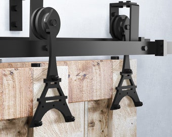 Homacer Black Rustic Double Track U-Shape Bypass Sliding Barn Door Hardware Kit - Eiffel Design Roller