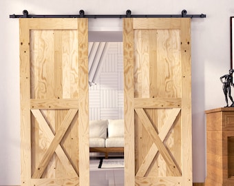 5-in-1 84in Double Frame Barn Door with Non-Bypass T-Shape Design Installation Hardware Kit (Black Rustic)