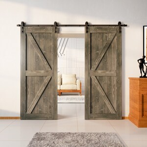 Finished & Unassembled 84in Double Frame Barn Door with Black Rustic Installation Hardware Kit (Arrow Design)