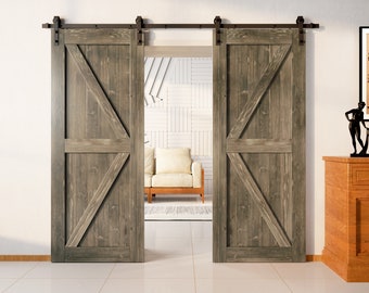 Finished & Unassembled 84in Double Frame Barn Door with Black Rustic Installation Hardware Kit (Arrow Design)