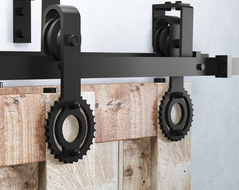 Homacer Black Rustic Double Track U-Shape Bypass Sliding Barn Door Hardware Kit - Gear Design Roller