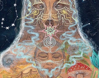 May include: A psychedelic illustration of a person with a wolf head, a crescent moon, and a star in the center. The person is surrounded by smoke and a mushroom.