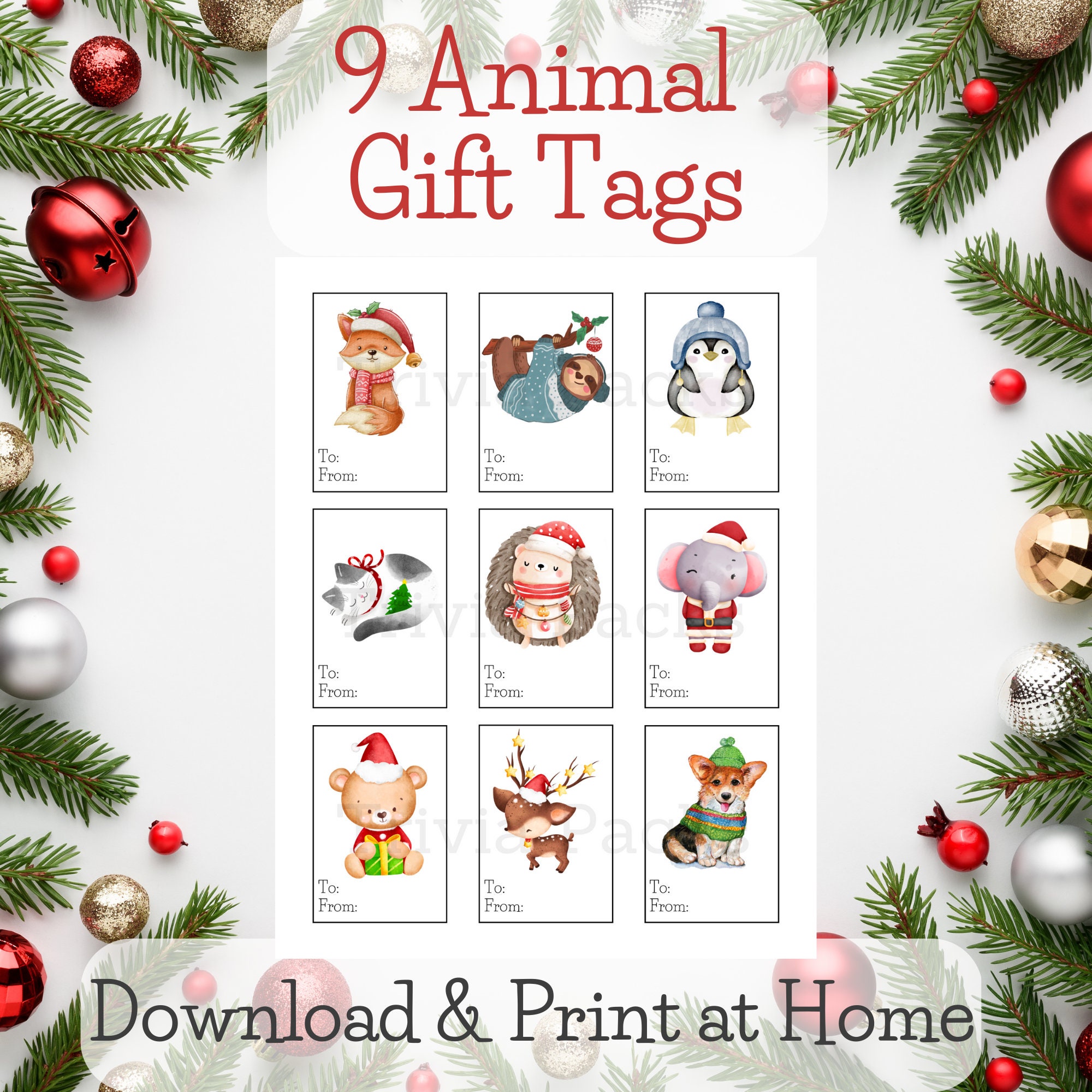 Printable Christmas Gift Tags: Cute Watercolor Animals Instant Download ...
