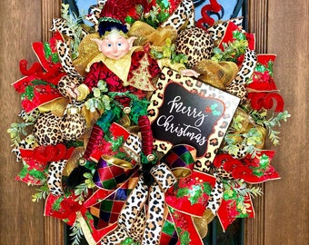 Christmas Elf Wreath in Velvet Cheetah Print